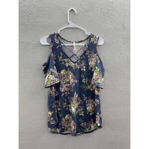 Lime n Chili Womens Shirt Size Small Blue Floral Col Shoulder Strappy Chest